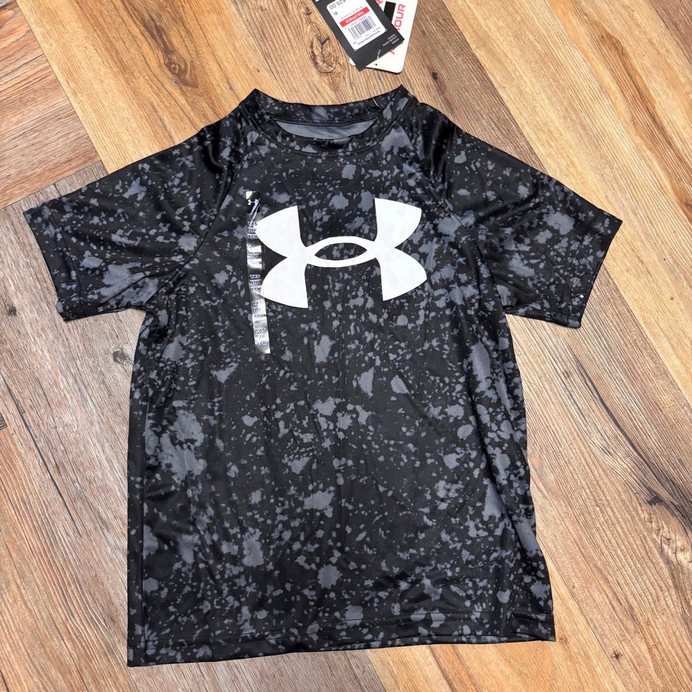 Under Armour Boys YXS Black Grey Splatter UA Tech Big Logo Printed T-Shirt